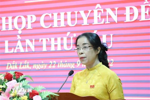 Bà Huỳnh Thị Chiến Hòa, Chủ tịch HĐND tỉnh Đắk Lắk khóa X, nhiệm (kỳ 2021-2026) phát biểu nhận nhiệm vụ. (Ảnh: Tuấn Anh/TTXVN)