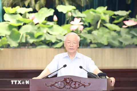 Tổng Bí thư Nguyễn Phú Trọng phát biểu kết luận tại buổi làm việc. (Ảnh: Trí Dũng/TTXVN)