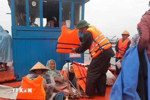 Toàn bộ người già, phụ nữ và trẻ em ở xã đảo Tam Hải, huyện Núi Thành, Quảng Nam đã được đưa vào bờ. (Ảnh: Đoàn Hữu Trung/TTXVN)