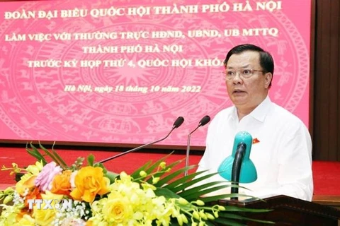Ủy viên Bộ Chính trị, Bí thư Thành ủy, Trưởng đoàn đại biểu Quốc hội thành phố Hà Nội Đinh Tiến Dũng phát biểu tại buổi làm việc. (Ảnh: TTXVN phát)