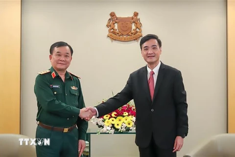 Thứ trưởng Hoàng Xuân Chiến hội kiến với Ngài Heng Chi How, Quốc vụ khanh cấp cao phụ trách quốc phòng Singapore ngày 3/11. (Ảnh: Lê Dương/TTXVN)