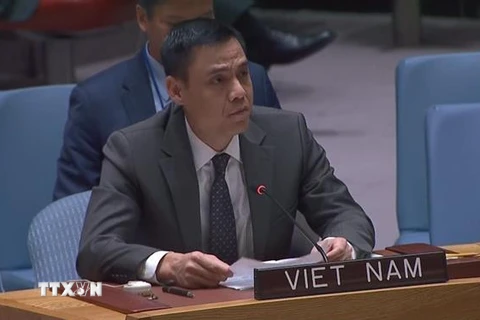 Đại sứ Đặng Hoàng Giang, Trưởng Phái đoàn Việt Nam tại LHQ, phát biểu tại một phiên họp. (Ảnh: TTXVN)