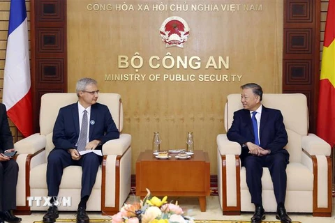 Bộ trưởng Bộ Công an Tô Lâm tiếp Đại sứ Pháp tại Việt Nam Nicolas Warnery. (Ảnh: Phạm Kiên/TTXVN)