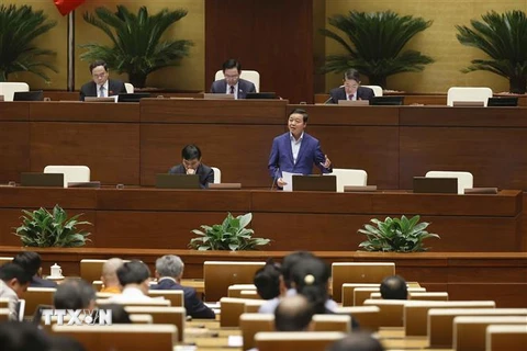 Bộ trưởng Bộ Tài nguyên và Môi trường Trần Hồng Hà phát biểu giải trình, làm rõ một số vấn đề đại biểu Quốc hội nêu. (Ảnh: Doãn Tấn/TTXVN)