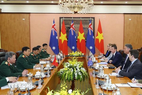 Đại tướng, Bộ trưởng Quốc phòng Phan Văn Giang hội đàm với Phó Thủ tướng, Bộ trưởng Quốc phòng Australia Richard Males. (Ảnh: Trọng Đức/TTXVN)