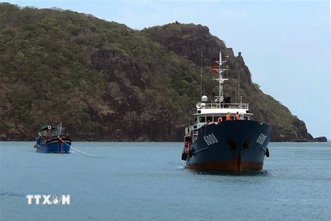 Tàu Cảnh sát biển 6008 lai dắt tàu cá NT 91205TS về Côn Đảo. (Ảnh: TTXVN phát)