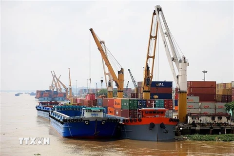 Hoạt động bốc dỡ hàng hóa tại cảng Bình Dương. (Ảnh: Hồng Đạt/TTXVN)
