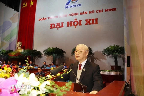 Tổng Bí thư Nguyễn Phú Trọng phát biểu chỉ đạo tại Đại hội đại biểu toàn quốc Đoàn Thanh niên Cộng sản Hồ Chí Minh. (Ảnh: Trí Dũng/TTXVN)