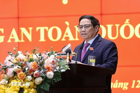 Thủ tướng Phạm Minh Chính phát biểu chỉ đạo Hội nghị Công an toàn quốc. (Ảnh: Dương Giang/TTXVN)