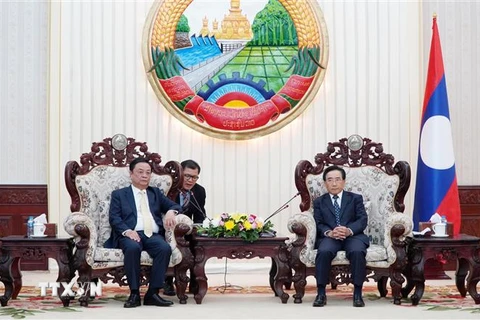 Thủ tướng Lào Phankham Viphavanh tiếp thân mật Bộ trưởng Lê Minh Hoan cùng đoàn. (Ảnh: Phạm Kiên/TTXVN)