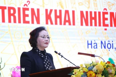Bộ trưởng Bộ Nội vụ Phạm Thị Thanh Trà phát biểu khai mạc. (Ảnh: Văn Điệp/TTXVN)