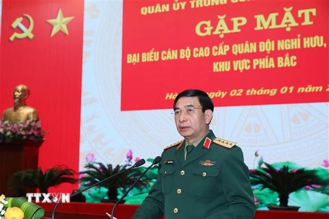 Đại tướng Phan Văn Giang, Ủy viên Bộ Chính trị, Bộ trưởng Bộ Quốc phòng phát biểu. (Ảnh: Trọng Đức/TTXVN)
