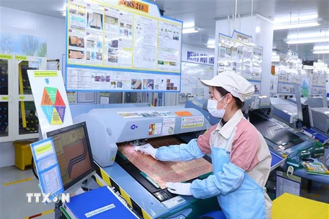 Công nhân Công ty TNHH Điện tử Meiko Việt Nam ra quân sản xuất, kinh doanh đầu năm Quý Mão 2023. (Ảnh: Văn Điệp/TTXVN)