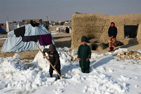 Tuyết rơi dày tích tụ tại Afghanistan khiến nhiều căn nhà bị hư hại. (Ảnh: AFP/TTXVN)