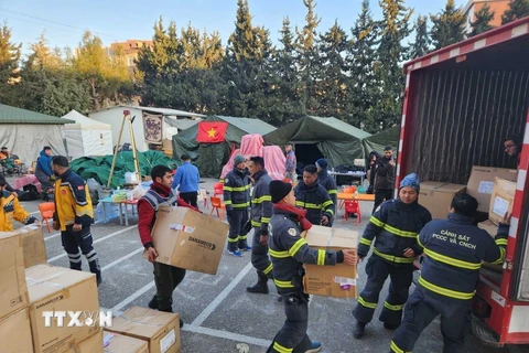 Cơ quan ứng phó Thảm họa và tình huống khẩn cấp Thổ Nhĩ Kỳ (AFAD) tiếp nhận trang thiết bị y tế của Việt Nam. (Ảnh: TTXVN phát)
