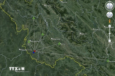 Vị trí tâm chấn xảy ra trận động đất có độ lớn 4,5 tại Điện Biên. (Ảnh: TTXVN phát)