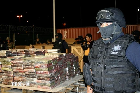 Cảnh sát Mexico gác bên số ma túy thu giữ trong các chiến dịch truy quét tội phạm ma túy tại Mexico City. (Ảnh: AFP/TTXVN)