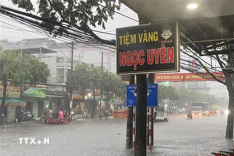 Mưa lớn gây ngập nặng ở một số tuyến đường nội ô thành phố Biên Hòa. (Ảnh: TTXVN phát)