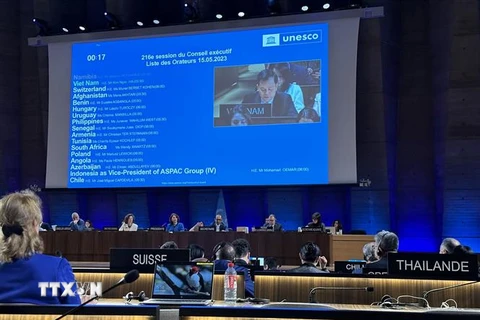 Thứ trưởng Hà Kim Ngọc phát biểu trong phiên khai mạc Kỳ họp lần thứ 216 Hội đồng Chấp hành của UNESCO tại Paris, Pháp. (Ảnh: Thu Hà/TTXVN)