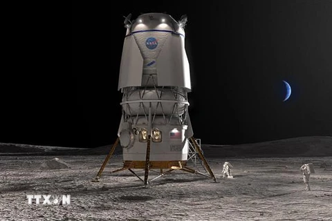Hình ảnh mô phỏng tàu đổ bộ Blue Moon của công ty Blue Origin, có sứ mệnh đưa các phi hành gia lên bề mặt Mặt Trăng theo chương trình Artemis. (Ảnh: AFP/TTXVN)