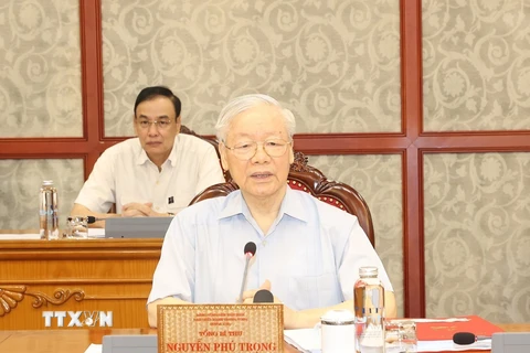 Tổng Bí thư Nguyễn Phú Trọng phát biểu tại cuộc họp.(Ảnh: Trí Dũng/TTXVN)