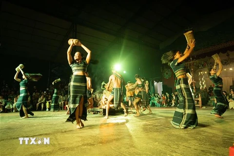Tiết mục múa đặc sắc trong đêm giao lưu tại điểm du lịch cộng đồng Tẹ&Saly. (Ảnh: Ngọc-Chi/TTXVN phát)