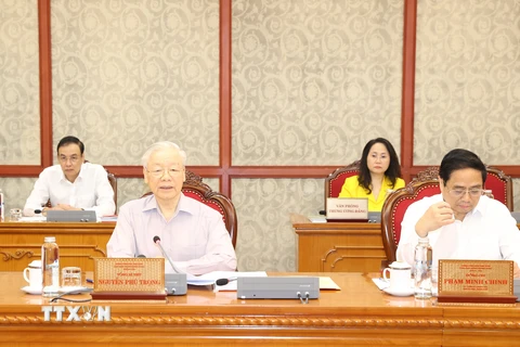 Tổng Bí thư Nguyễn Phú Trọng phát biểu kết luận cuộc họp.(Ảnh: Trí Dũng/TTXVN)