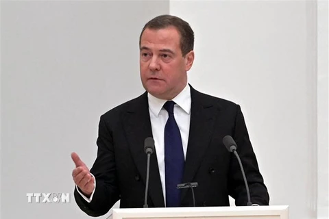 Phó Chủ tịch Hội đồng An ninh LB Nga Dmitry Medvedev tại một cuộc họp ở Moskva ngày 21/2/2022. (Ảnh: AFP/TTXVN)