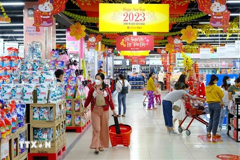 Người dân đi mua sắm ở siêu thị Lotte Mart Cần Thơ. (Ảnh: Thanh Liêm/TTXVN)
