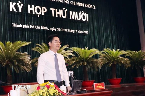 Ông Trần Quang Lâm, Giám đốc Sở Giao thông Vận tải Thành phố Hồ Chí Minh trả lời chất vấn các đại biểu HĐND thành phố. (Ảnh: Xuân Khu/TTXVN)