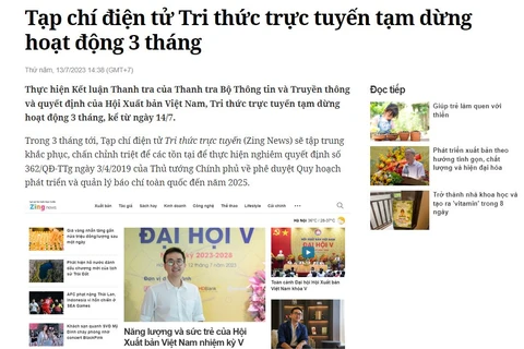 Thông báo trên trang chủ của Zing News. (Nguồn: Vietnam+)