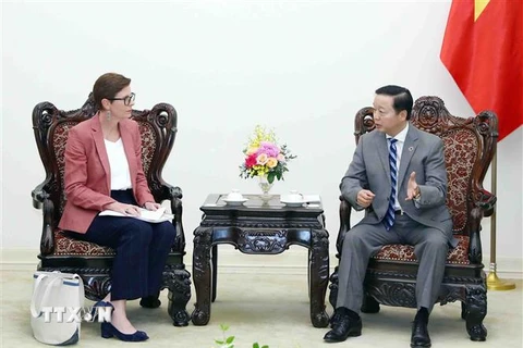 Phó Thủ tướng Trần Hồng Hà tiếp bà Angela Pratt, Trưởng Đại diện Tổ chức Y tế Thế giới tại Việt Nam. (Ảnh: Phạm Kiên/TTXVN)
