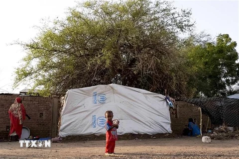 Người dân phải rời bỏ nhà cửa do xung đột sơ tán tới nơi ở tạm tại Hasahisa, Sudan, ngày 10/7/2023. (Ảnh: AFP/TTXVN)