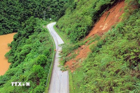 Sạt lở đất, đá tại một số điểm trên tuyến Quốc lộ 279D, thuộc huyện Mường La. (Ảnh: Quang Quyết/TXVN)