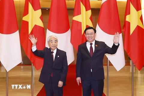 Chủ tịch Quốc hội Vương Đình Huệ và Chủ tịch Thượng viện Nhật Bản Otsuji Hidehisa chụp ảnh chung. 