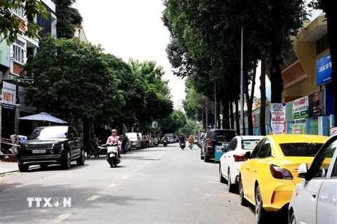 Ôtô đậu dưới lòng đường tại đường Hoa Phượng, phường 2, quận Phú Nhuận. (Ảnh: Hồng Đạt/TTXVN)