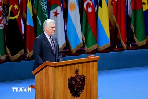 Chủ tịch Cuba Miguel Díaz-Canel phát biểu khai mạc Hội nghị Thượng đỉnh G77 và Trung Quốc. (Ảnh: TTXVN phát)