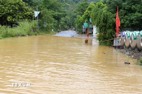 Mưa lớn làm ngập một đoạn trên Quốc lộ 70, đoạn qua xã bản Cầm, huyện Bảo Thắng. (Ảnh: Quốc Khánh/TTXVN)