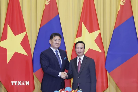 Chủ tịch nước Võ Văn Thưởng với Tổng thống Mông Cổ Ukhnaagiin Khurelsukh tại cuộc hội đàm. (Ảnh: Thống Nhất/TTXVN)