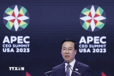 Chủ tịch nước Võ Văn Thưởng phát biểu tại Hội nghị Thượng đỉnh Doanh nghiệp APEC. (Ảnh: Thống Nhất/TTXVN)