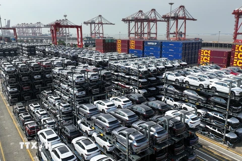 Xe ôtô chạy bằng năng lượng mới chờ xuất khẩu tại cảng Thái Thương, tỉnh Giang Tô, Trung Quốc. (Ảnh: THX/TTXVN)