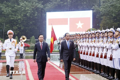 Chủ tịch nước Võ Văn Thưởng và Tổng thống Cộng hòa Indonesia Joko Widodo duyệt Đội danh dự Quân đội Nhân dân Việt Nam. (Ảnh: Thống Nhất/TTXVN)