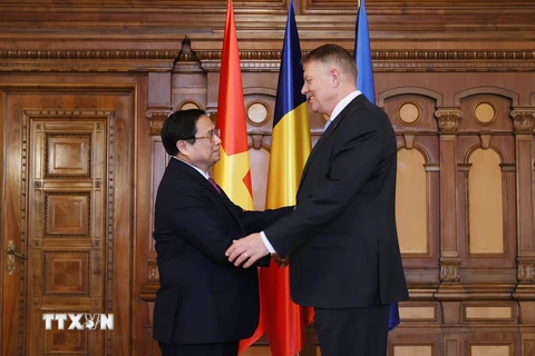 Thủ tướng Phạm Minh Chính hội kiến Tổng thống Romania Klaus Iohannis. (Ảnh: Dương Giang/TTXVN)