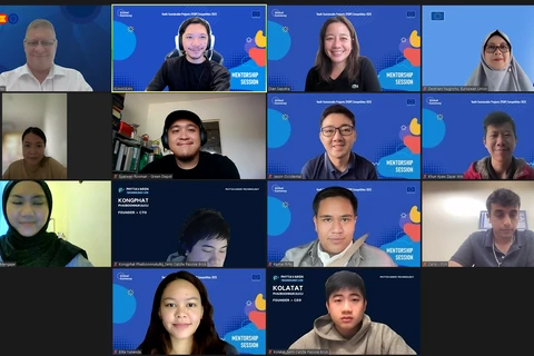 Mười người chiến thắng trong Cuộc thi Dự án Bền vững cho Thanh niên EU-ASEAN 2023 đã chia sẻ màn hình sau khi nhận được kết quả. (Nguồn: Phái đoàn Liên minh châu Âu tại ASEAN)