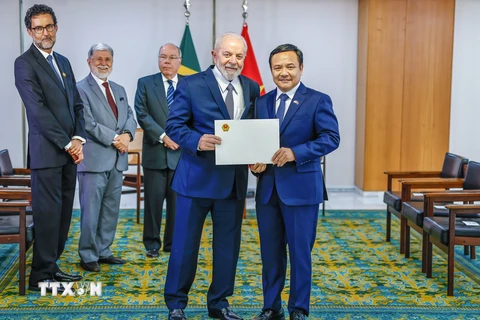 Đại sứ Việt Nam tại Brazil Bùi Văn Nghị trình quốc thư lên Tổng thống Lula da Silva. (Ảnh: TTXVN phát)