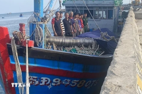 8 ngư dân trên tàu cá Bình Định BĐ 92155 TS bị chìm được tàu cá mang số hiệu BĐ 94580 TS ứng cứu đưa về bờ an toàn. (Ảnh: TTXVN phát)