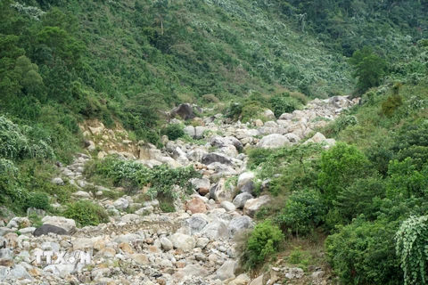 Thượng nguồn suối Lương trên đèo Hải Vân bị cạn trơ đáy, nhìn từ xa chỉ thấy đất đá. (Ảnh: Quốc Dũng/TTXVN)