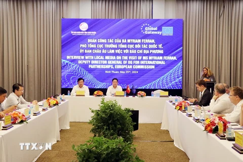 Quang cảnh buổi Đoàn công tác của Ủy ban châu Âu thông tin đến các cơ quan thông tấn, báo chí về Chiến lược Cửa ngõ Toàn cầu của EU đang triển khai tại Việt Nam. (Ảnh: Công Thử/TTXVN)