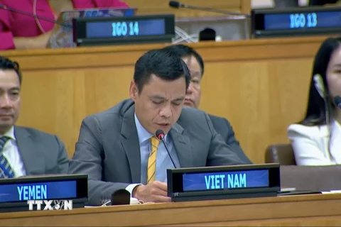 Đại sứ Đặng Hoàng Giang, Trưởng phái đoàn Đại diện thường trực Việt Nam tại Liên hợp quốc, phát biểu tại hội nghị. (Ảnh: TTXVN phát)