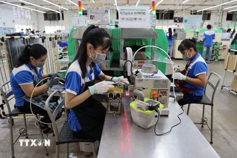 Hoạt động sản xuất tại Công ty TNHH Jia Hsin 100% vốn đầu tư của Đài Loan (Trung Quốc), chuyên sản xuất dép xốp đi biển EVA, có nhà máy đặt tại Khu công nghiệp Cầu Tràm (Cần Đước, Long An). (Ảnh: Minh Hưng/TTXVN)